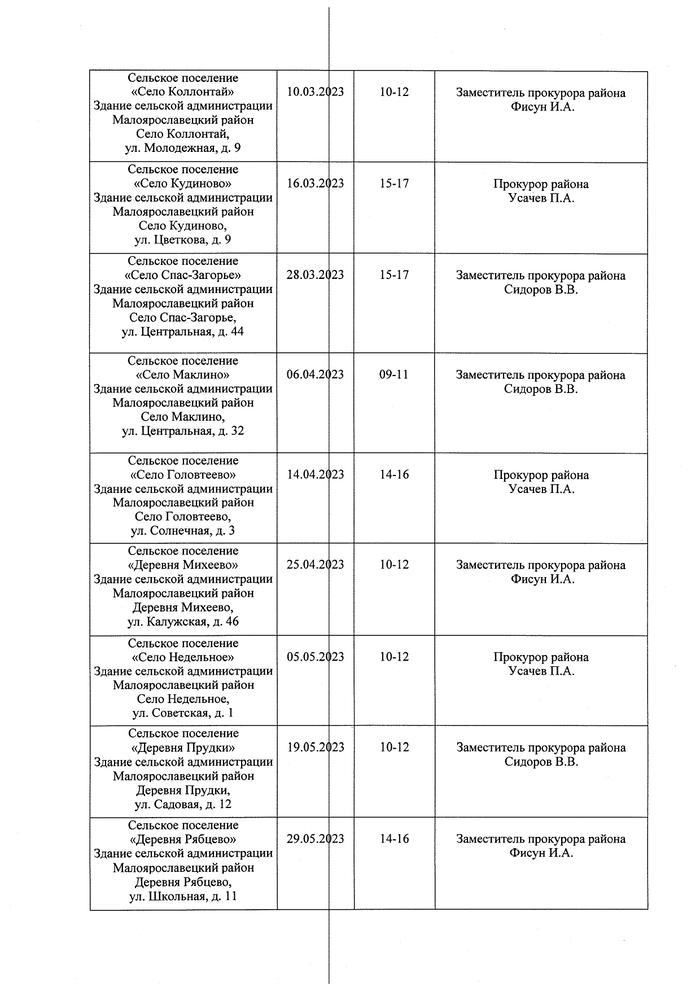 План-график выездов работников прокуратуры Малоярославецкого района в поселения Малоярославецкого района для осуществления приема граждан в 1 полугодии 2023